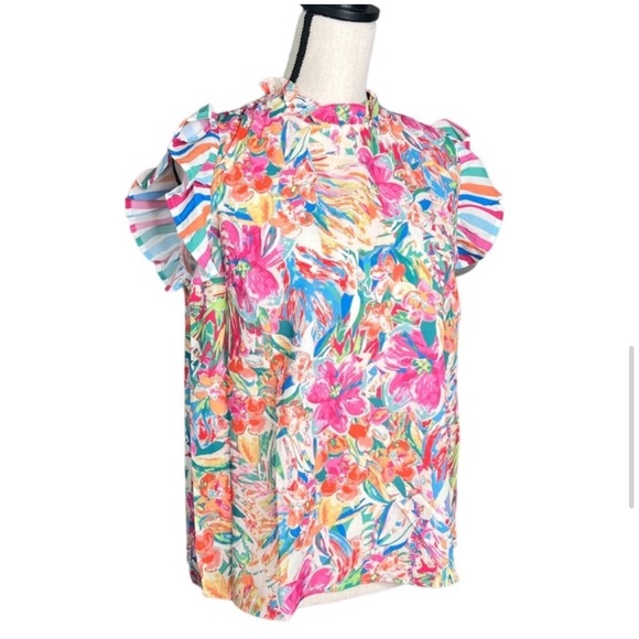 Flying Tomato Colorful Ruffle Floral Print Top Sizes Small-Large - Picture 7 of 12